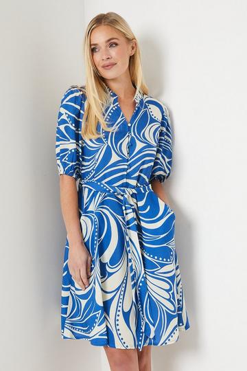 Petite Cobalt Abstract Puff Sleeve Mini Dress cobalt