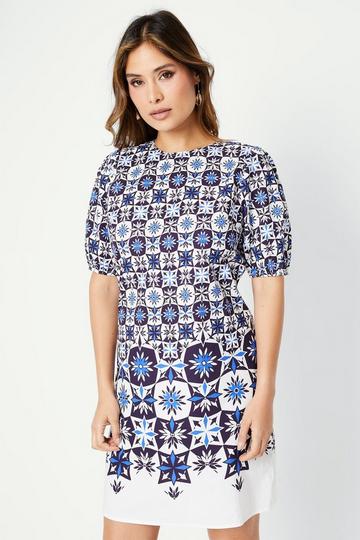 Tile Border Print Puff Sleeve Shift Dress blue