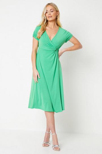 Green Petite Trim Detail Wrap Dress