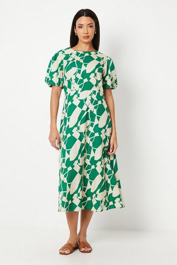 Green Linen Blend Abstract Puff Sleeve Midi Dress