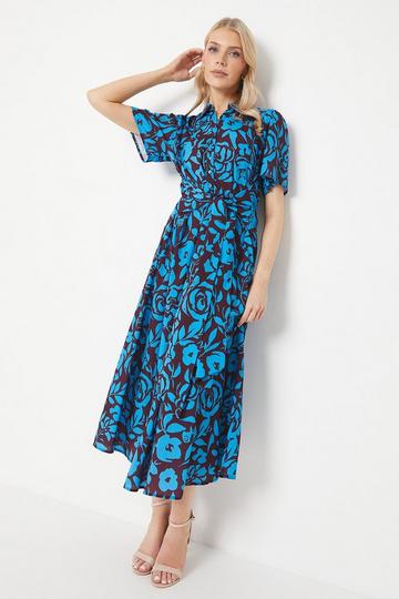 Blue Tie Waist Printed Midi Dress