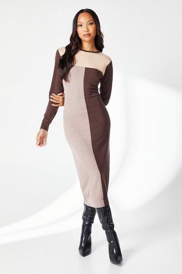 Contrast Colourblock Knitted Midi Dress chocolate