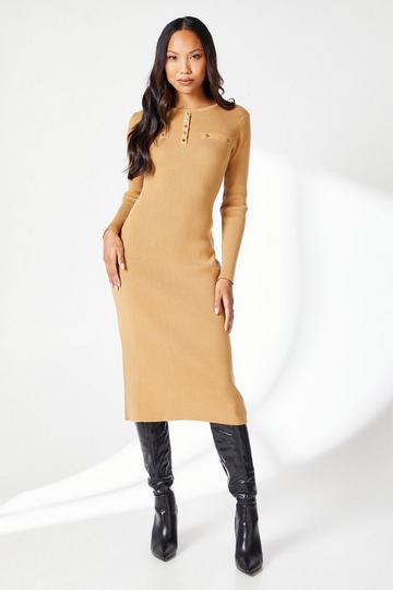 Button Detail Rib Knit Midi Dress camel