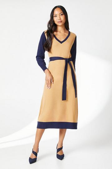 Tipped Belted Knitted Midi Dress camel