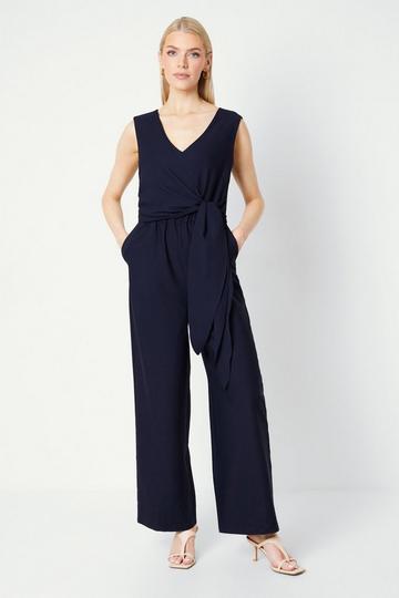 Tie Waist V-neck Jumpsuit navy