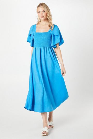 Blue Shirred Bodice Midi Dress