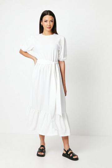 Textured Puff Sleeve Midi Dress ivory