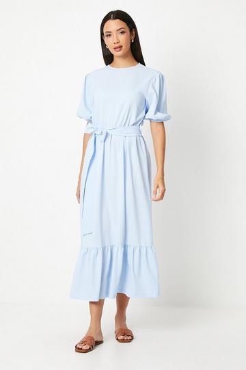 Textured Puff Sleeve Midi Dress light blue