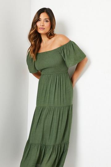 Shirred Bodice Midi Dress khaki