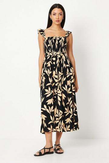 Black Printed Shirred Bodice Midi Dress