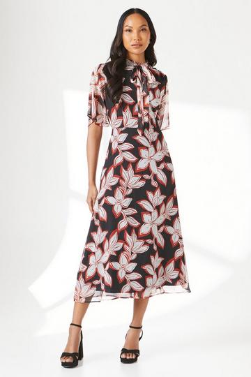 Ginger Floral Tie Neck Midi Dress black