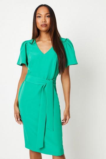 Belted Flute Sleeve Midi Dress green