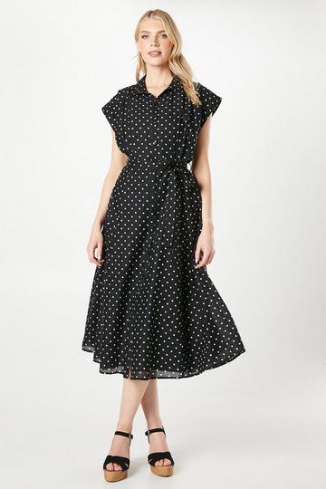 Spot Print Belted Shirt Dress black