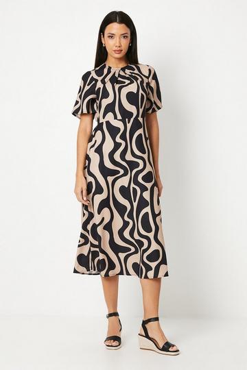 Geo Print Volume Sleeve Midi Dress neutral