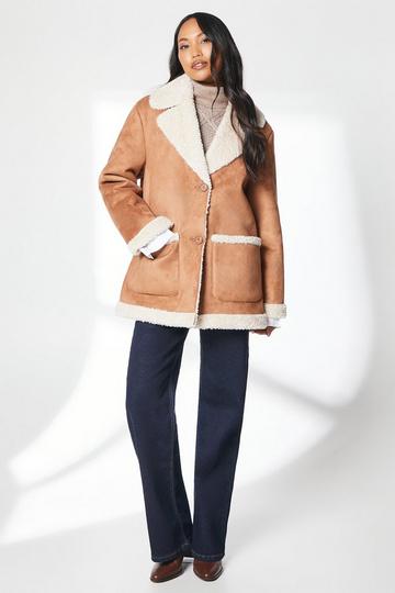 Button Through Suedette Longline Aviator Jacket tan