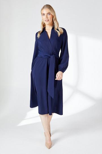 Navy Belted Wrap Shirt Dress