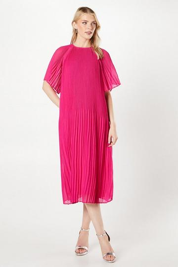 Pink Short Sleeve Graduated Pleat Midi Dress