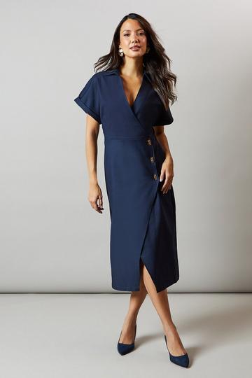 Navy Button Detail Wrap Dress