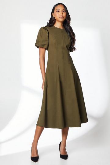 Green Olive Puff Sleeve Stretch Crepe Midi Dress