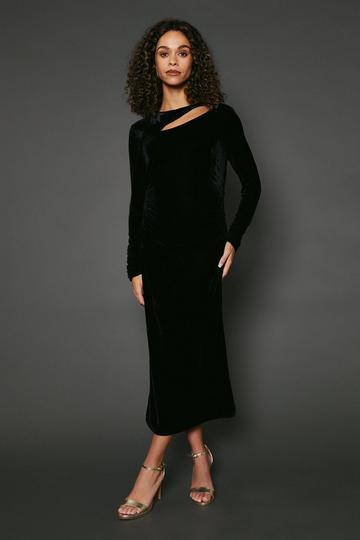 Black Velvet Asymmetric Cut Out Midaxi Dress black