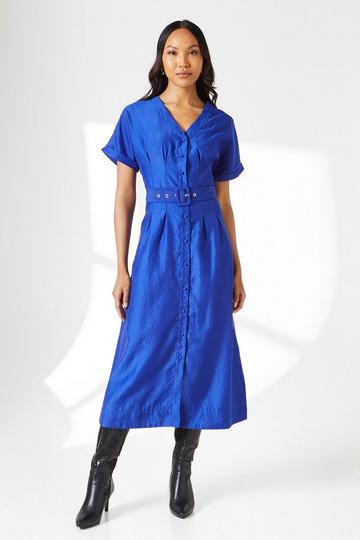 Blue Belted Organza Shirt Dress