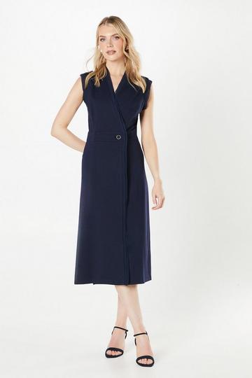 Navy Ponte Button Waist Midi Dress