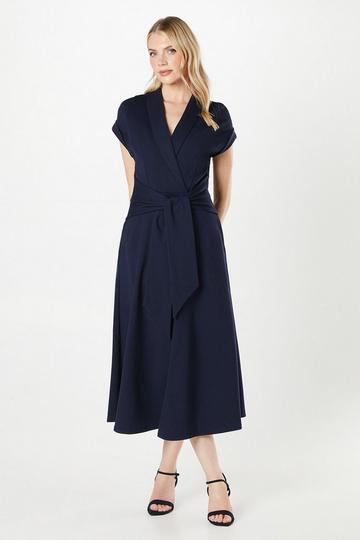 Navy Ponte Shawl Collar Tie Waist Midi Dress