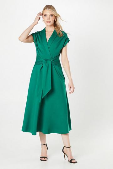 Ponte Shawl Collar Tie Waist Midi Dress emerald