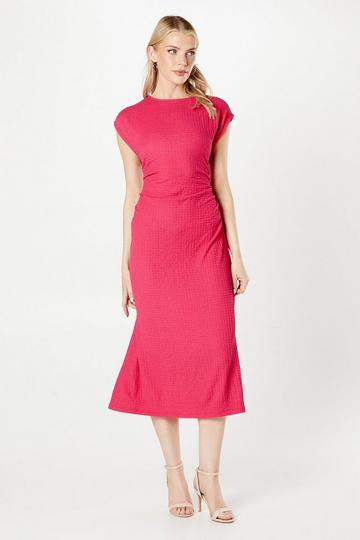 Pink Textured Jersey Ruched Waist Midi Dress