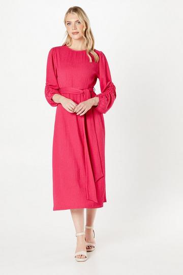 Pink Textured Jersey Belted Midi Dress