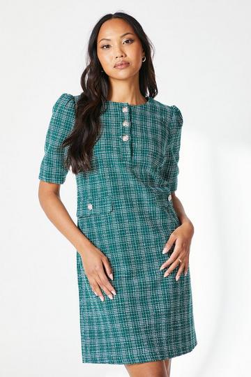 Green Boucle Button Detail Shift Dress green