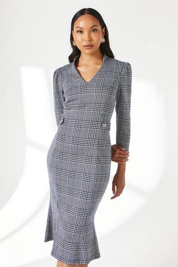 Blue Check Jacquard Tab Belt Midi Dress