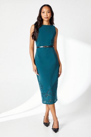 Lazer Cut Detail Belted Midi Dress emerald