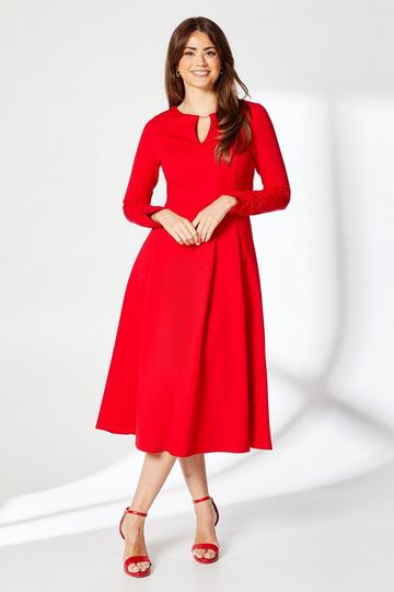 Pleat Waist Ponte Midi Dress red