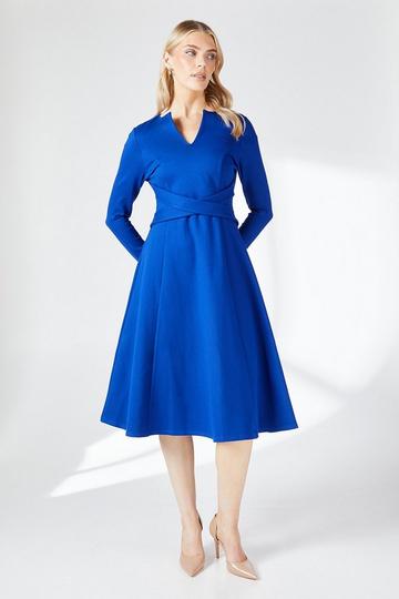 Blue Waist Detail Ponte Midi Dress