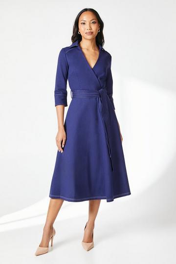 Navy Stitch Detail Tie Waist Ponte Midi Dress