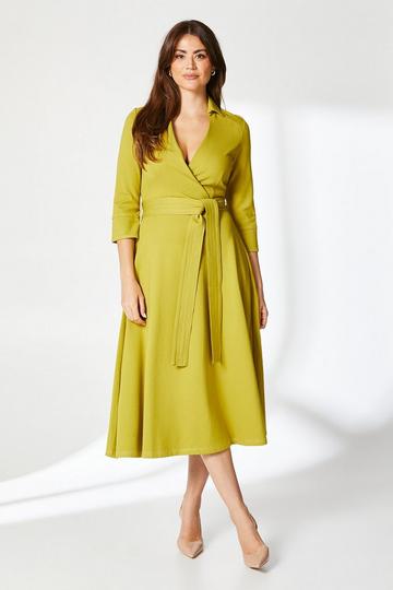 Stitch Detail Tie Waist Ponte Midi Dress chartreuse