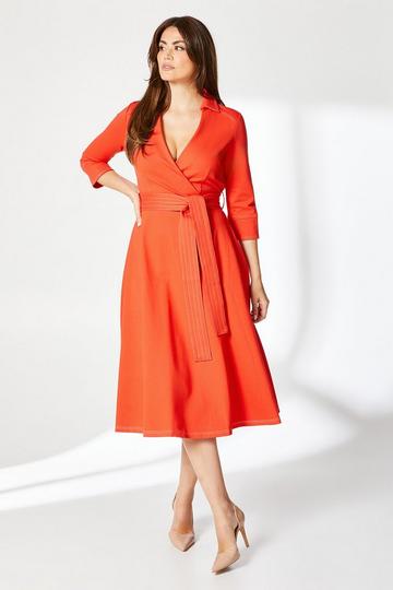 Rust Orange Stitch Detail Tie Waist Ponte Midi Dress