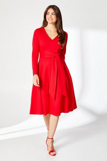 Red Seam Detail Belted Midi Dress