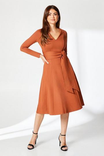 Seam Detail Belted Midi Dress chestnut