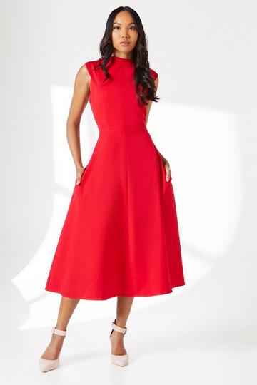 Red Structured Fit And Flare Midi Dress