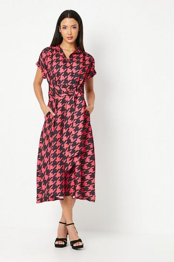 Dogtooth Print Front Tie Shirt Midi Dress red