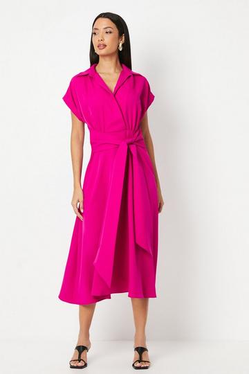 Magenta Pink Front Tie Shirt Midi Dress