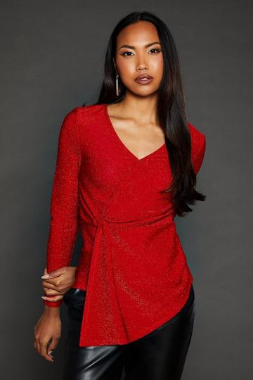 Red Glitter Detail Jersey Twist Detail Wrap Top