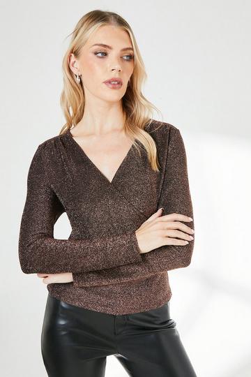 Glitter Detail Jersey Wrap Top bronze