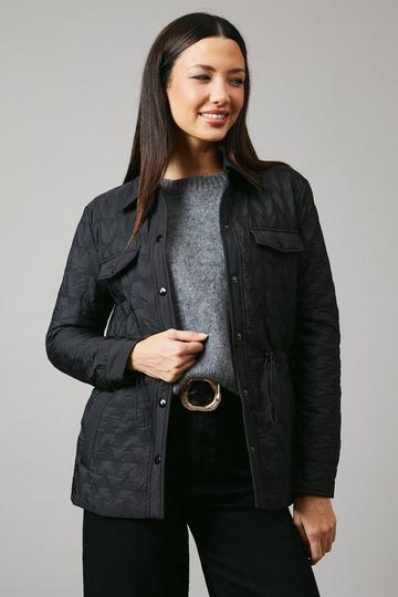 Black Waist Detail Popper Quilted Jacket