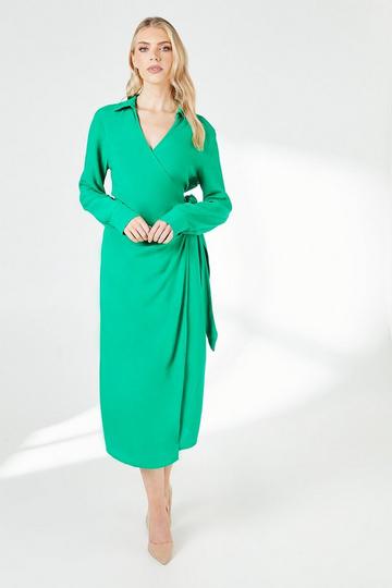 Green Belt Detail Collared Wrap Dress