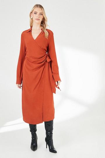 Rust Orange Belt Detail Collared Wrap Dress