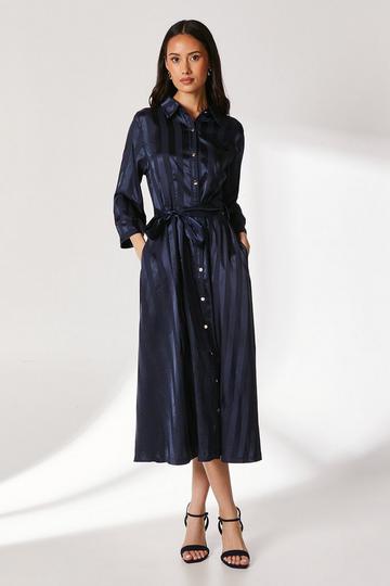 Satin Stripe Shirt Dress navy