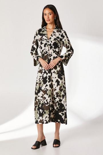 Animal Print Twist Waist Shirt Dress khaki